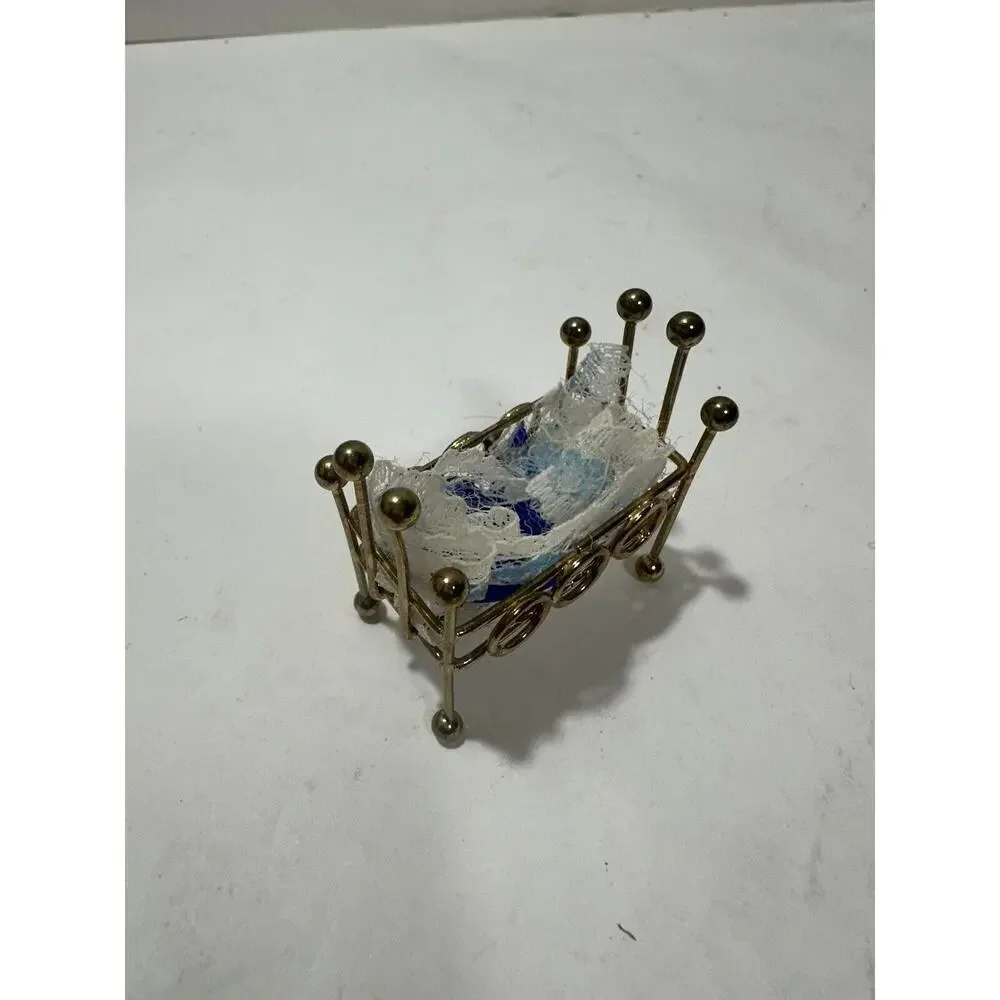 Vintage Miniature Dollhouse Brass‎ Cradle Crib With Lace Golden Color 1950’s